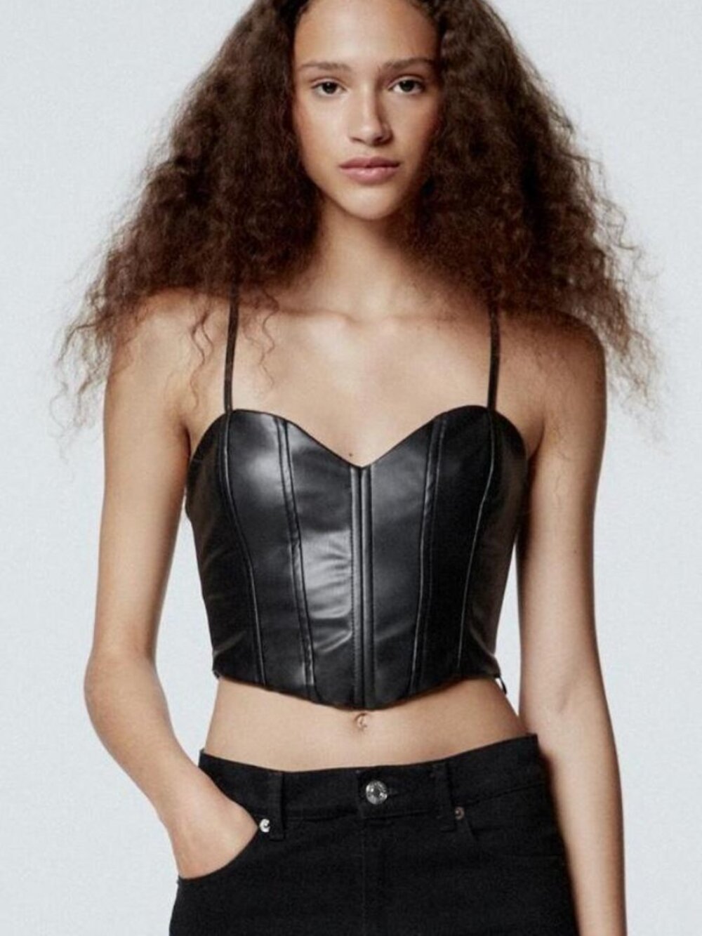 Zara Leather Black Crop Corset Top